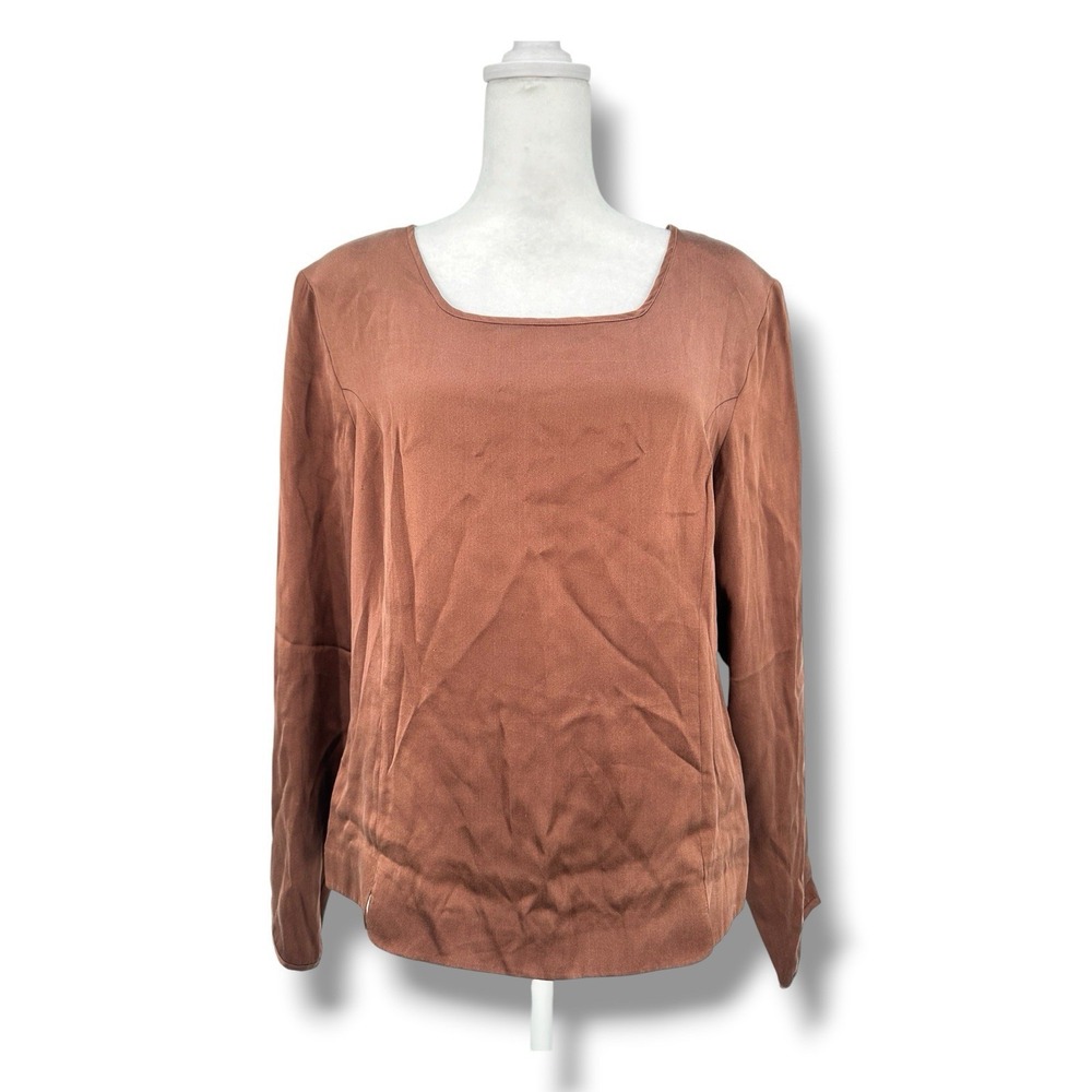 VTG Anna & Frank 100% Washable Silk Blouse M Brown Office Preppy Elegant NWT USA